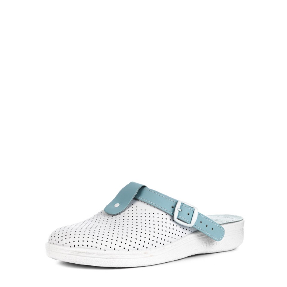 Сабо мужские из натуральной кожи с голубым ремешком и натуральной стелькой цвет белый