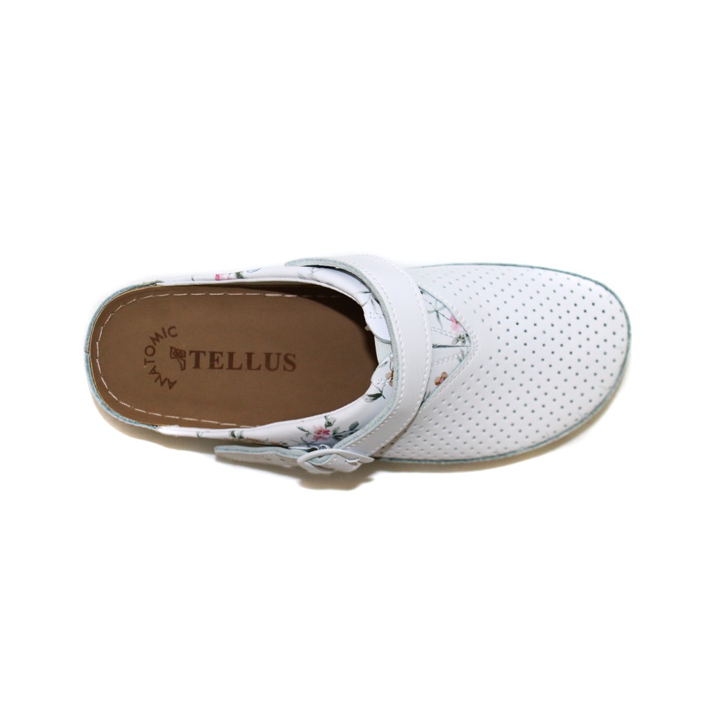 Сабо женские из натуральной кожи в белом цвете с принтом и ремешком