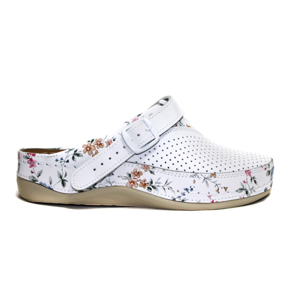 Сабо женские из натуральной кожи в белом цвете с принтом и ремешком