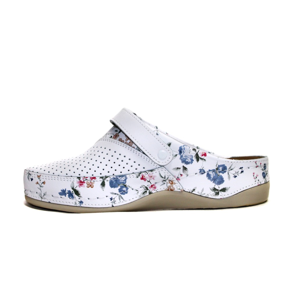 Сабо женские из натуральной кожи в белом цвете с принтом и ремешком