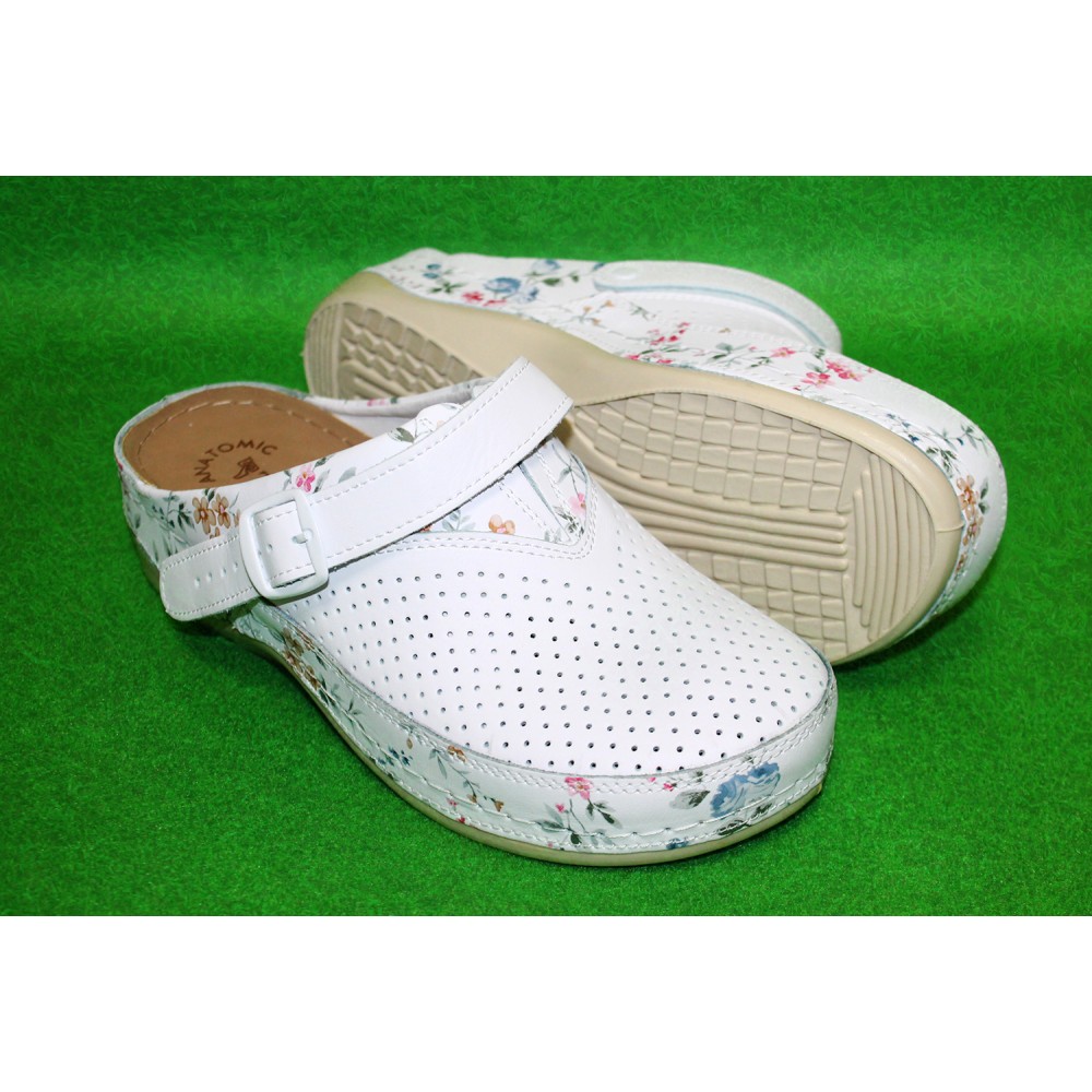 Сабо женские из натуральной кожи в белом цвете с принтом и ремешком