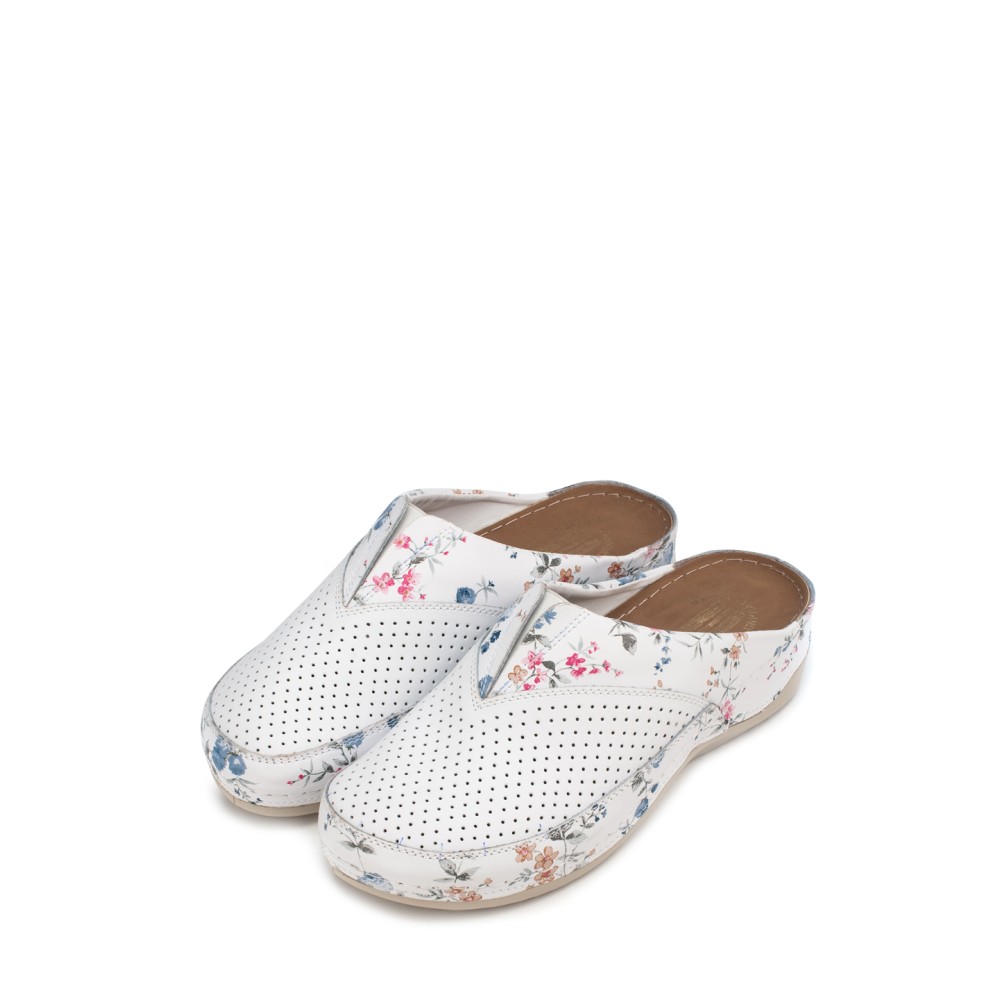 Сабо женские из натуральной кожи в белом цвете с принтом и стелькой из искусственного нубука