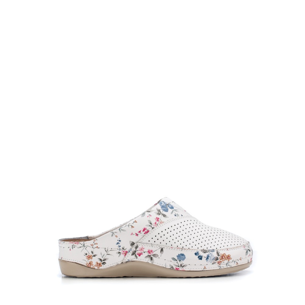 Сабо женские из натуральной кожи в белом цвете с принтом и стелькой из искусственного нубука