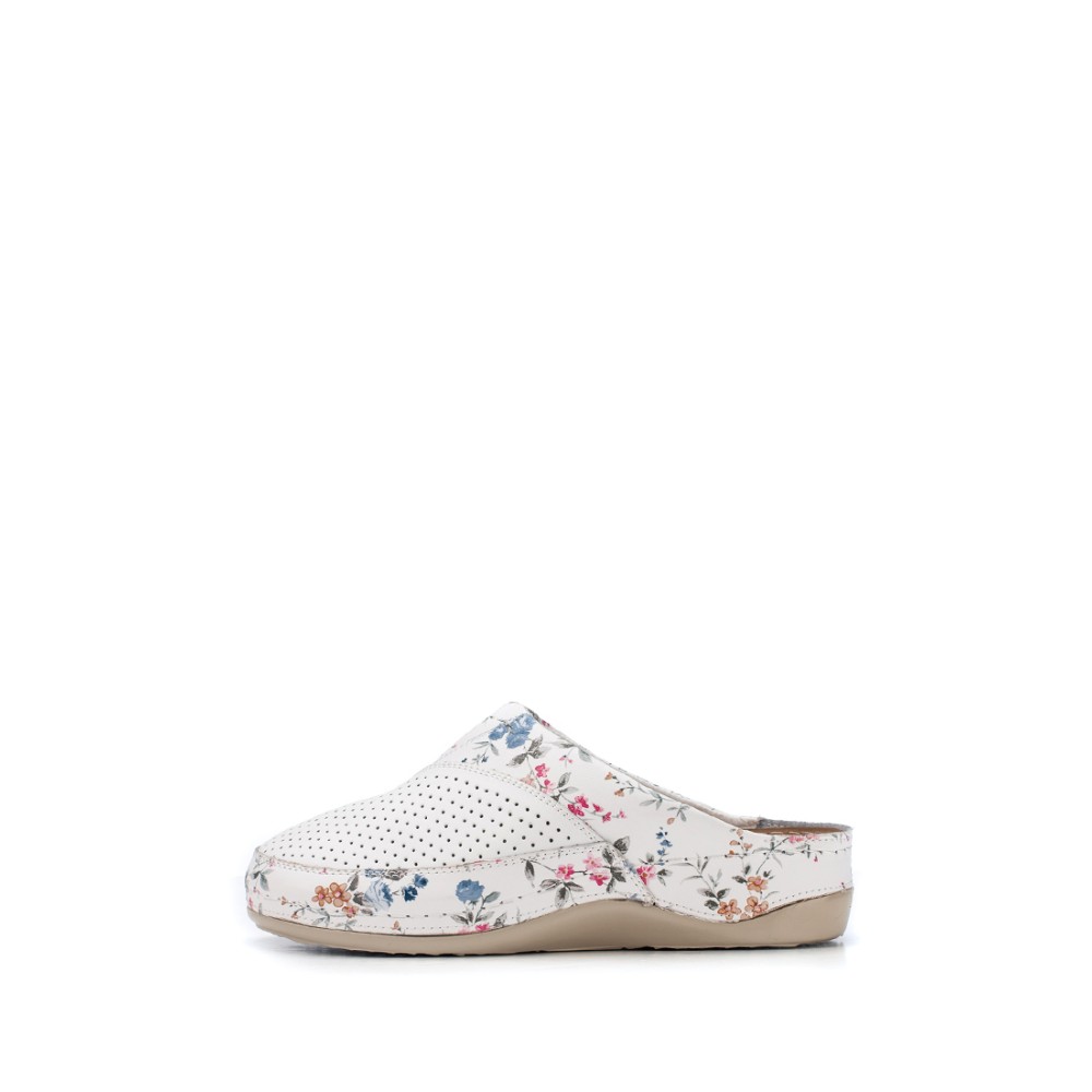 Сабо женские из натуральной кожи в белом цвете с принтом и стелькой из искусственного нубука