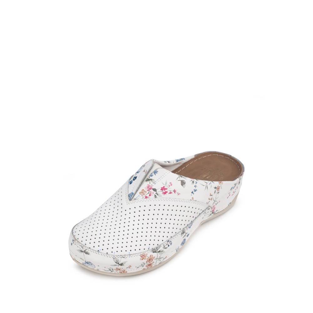 Сабо женские из натуральной кожи в белом цвете с принтом и стелькой из искусственного нубука