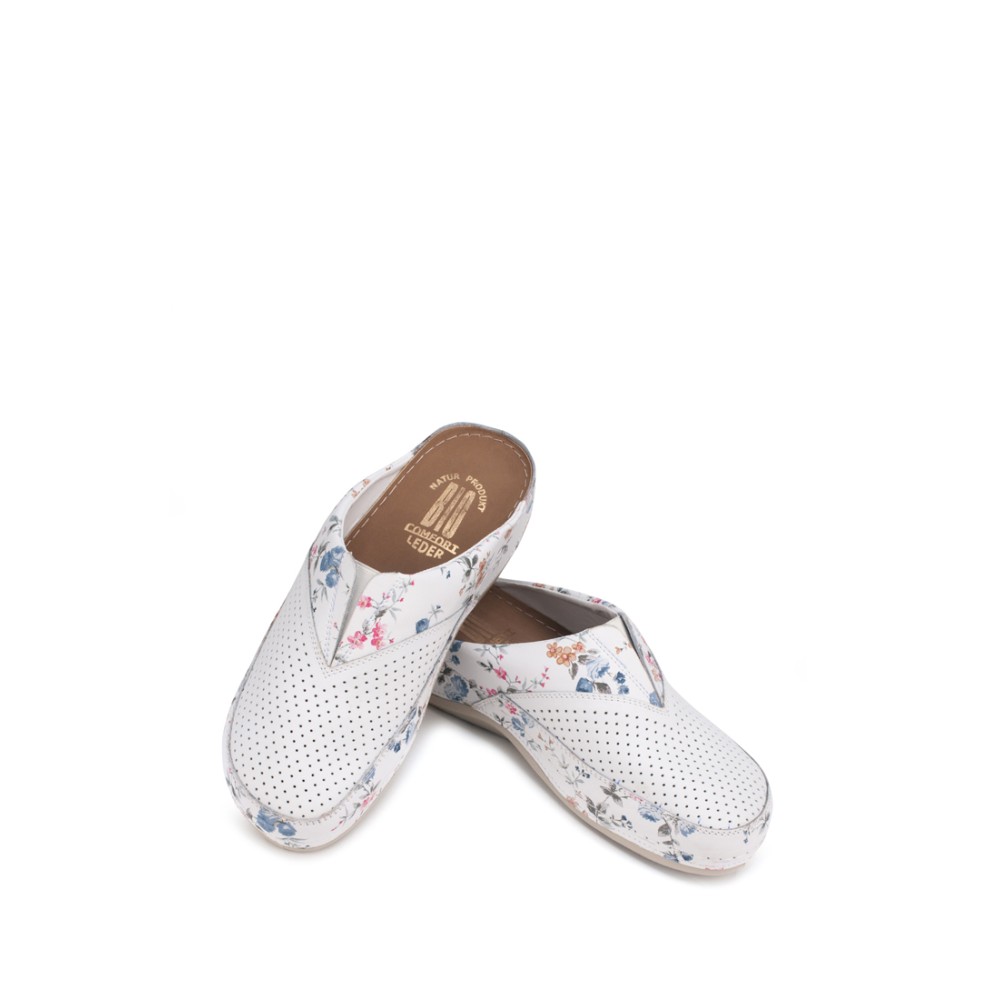 Сабо женские из натуральной кожи в белом цвете с принтом и стелькой из искусственного нубука