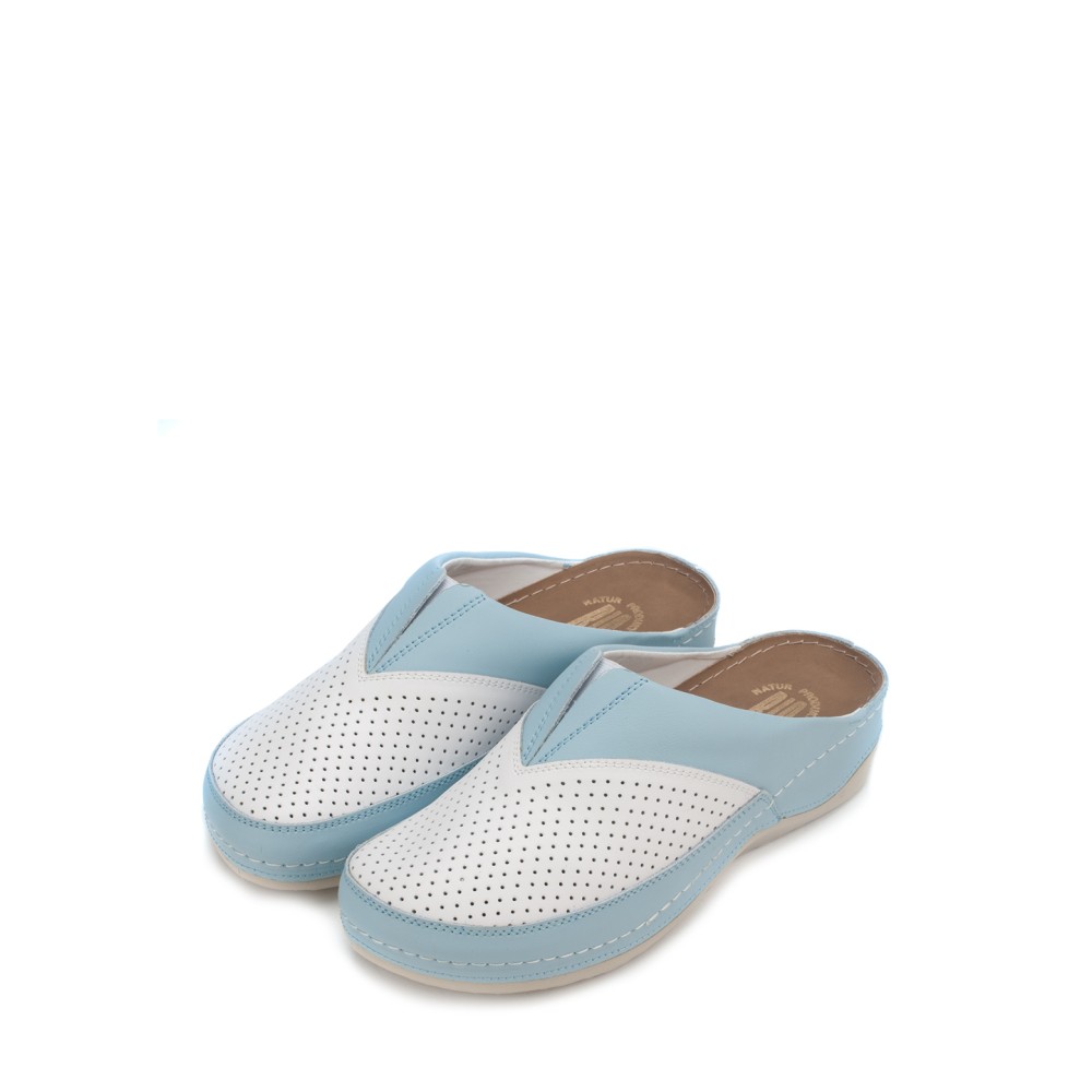 Сабо женские из натуральной кожи в бело-голубом цвете со стелькой из искусственного нубука