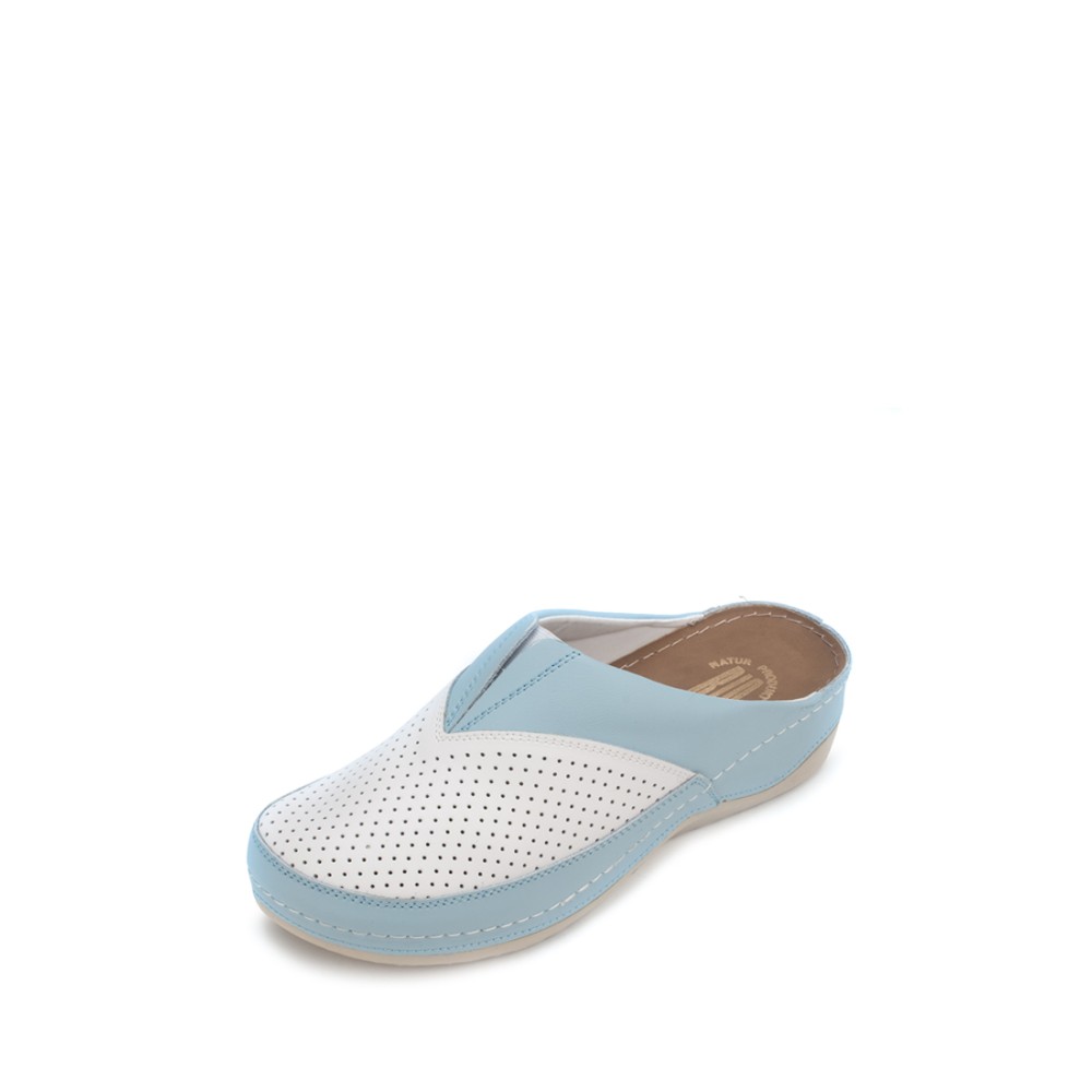 Сабо женские из натуральной кожи в бело-голубом цвете со стелькой из искусственного нубука