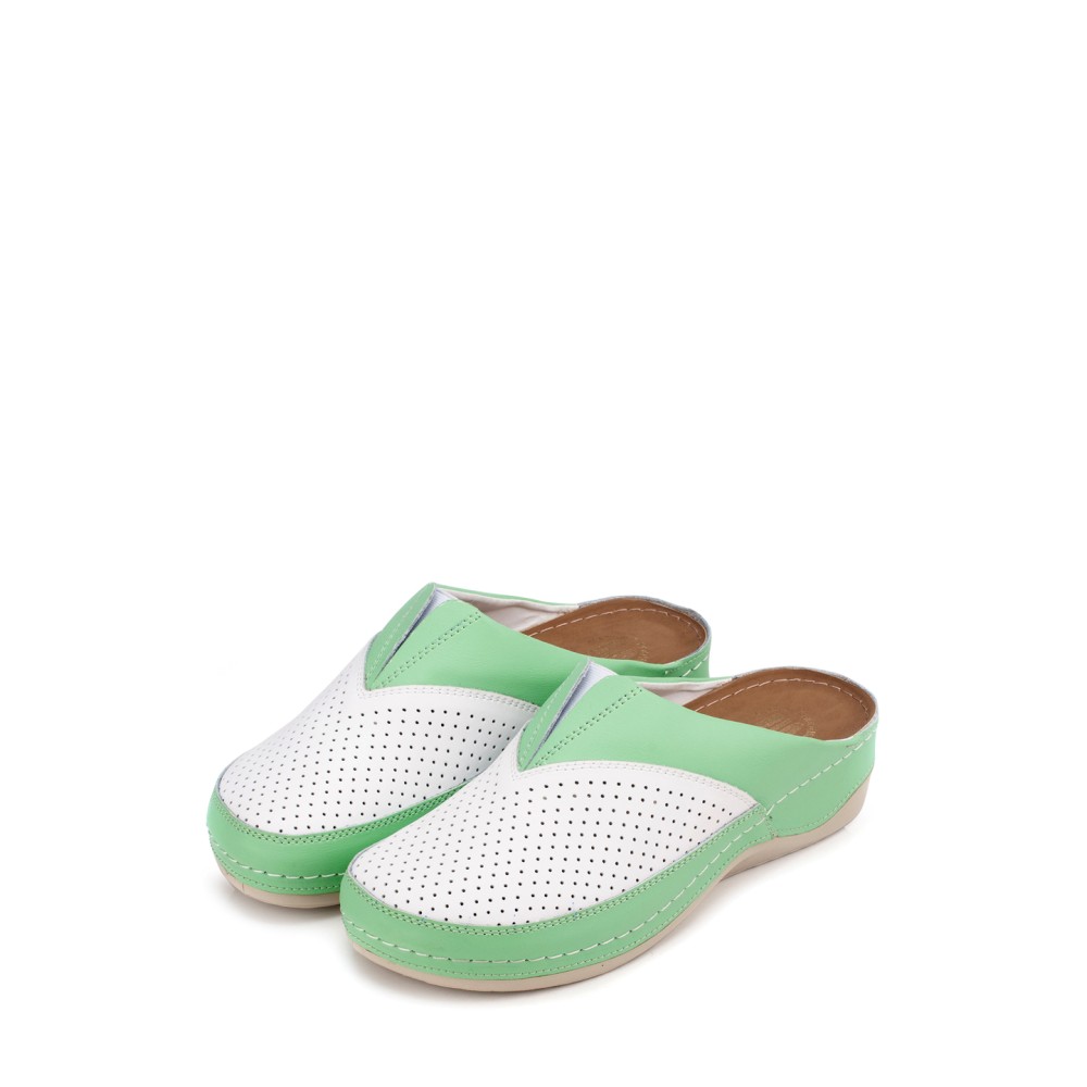 Сабо женские из натуральной кожи в бело-зелёном цвете со стелькой из искусственного нубука