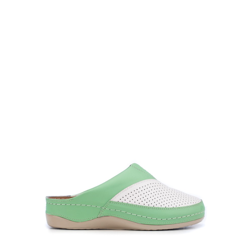 Сабо женские из натуральной кожи в бело-зелёном цвете со стелькой из искусственного нубука