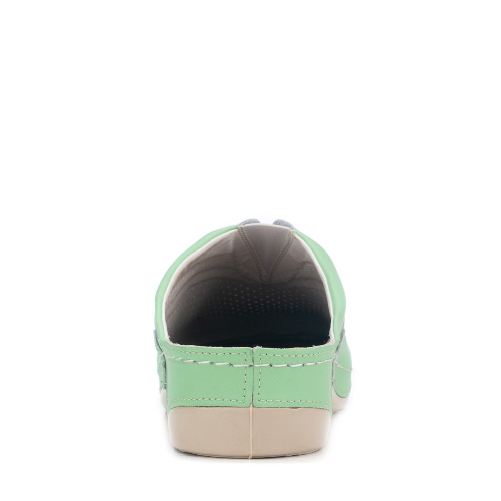 Сабо женские из натуральной кожи в бело-зелёном цвете со стелькой из искусственного нубука