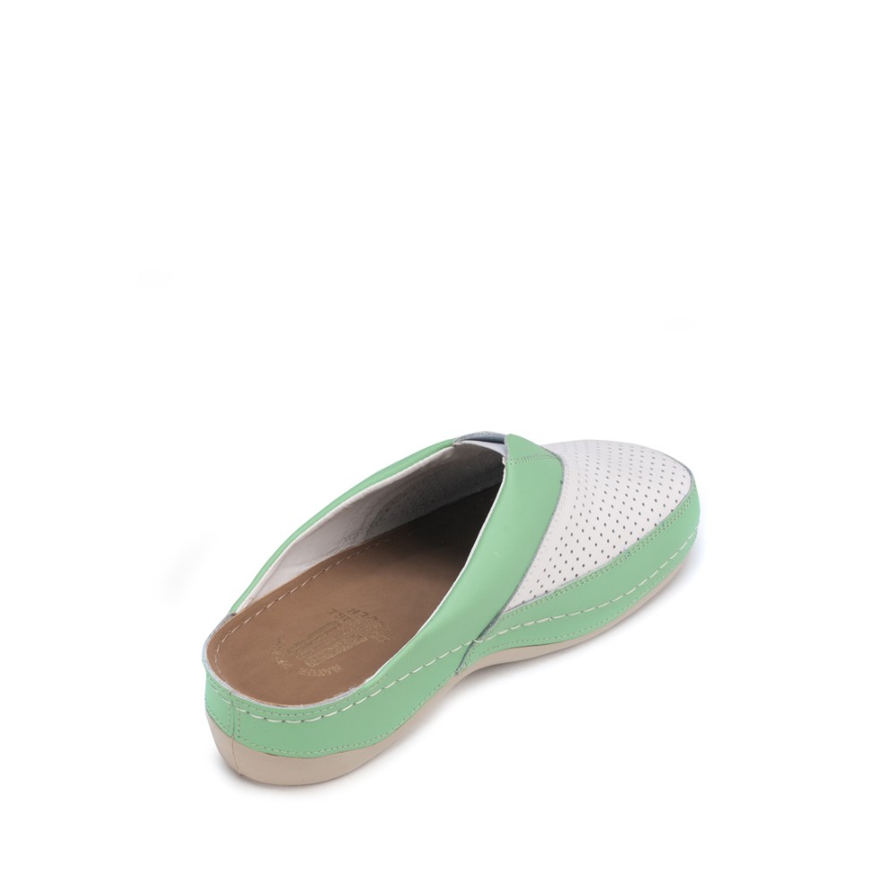 Сабо женские из натуральной кожи в бело-зелёном цвете со стелькой из искусственного нубука