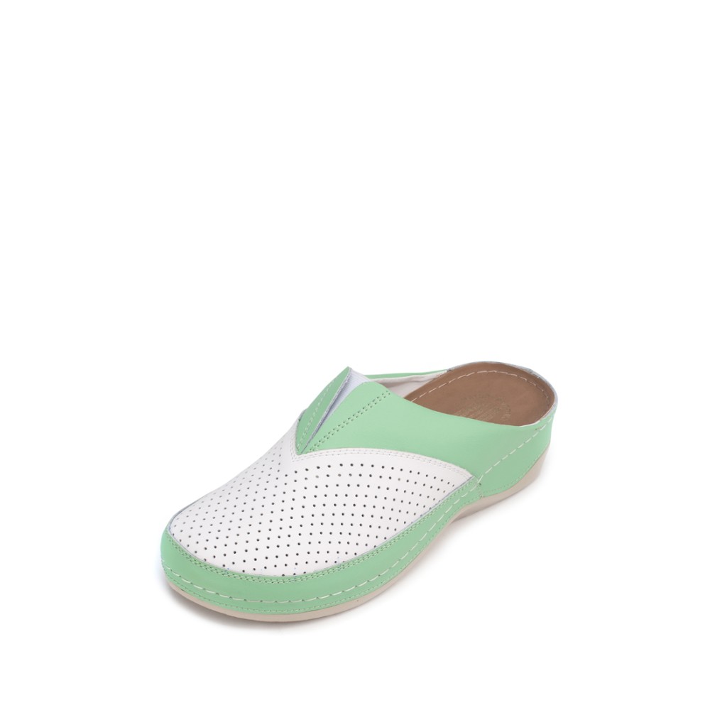 Сабо женские из натуральной кожи в бело-зелёном цвете со стелькой из искусственного нубука