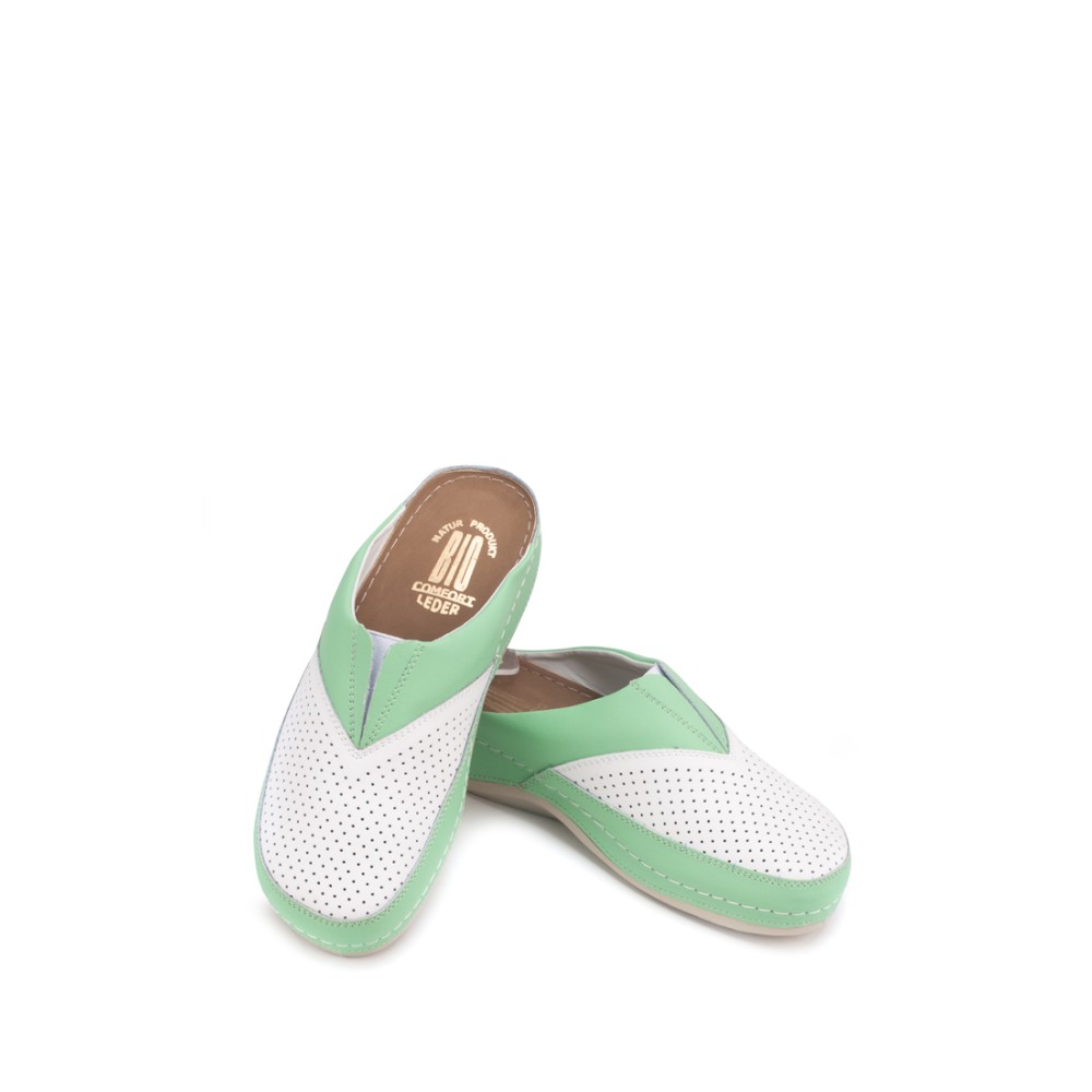 Сабо женские из натуральной кожи в бело-зелёном цвете со стелькой из искусственного нубука