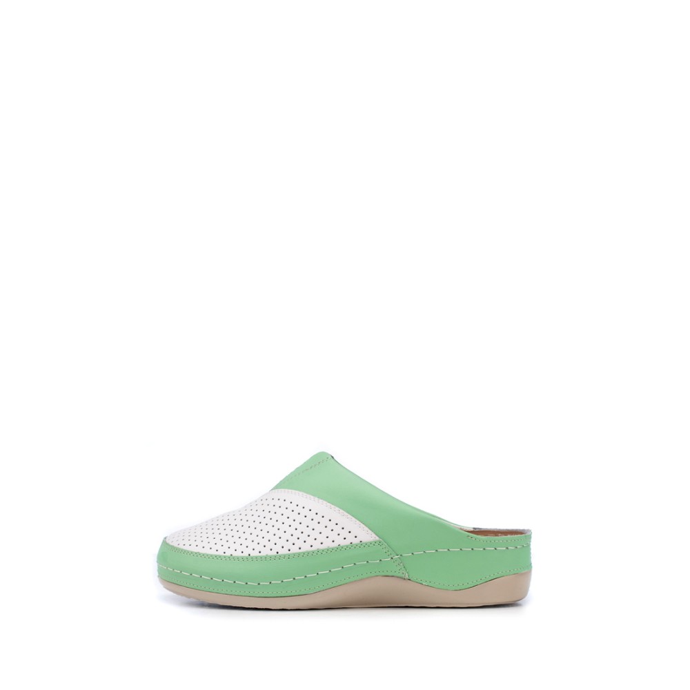 Сабо женские из натуральной кожи в бело-зелёном цвете со стелькой из искусственного нубука