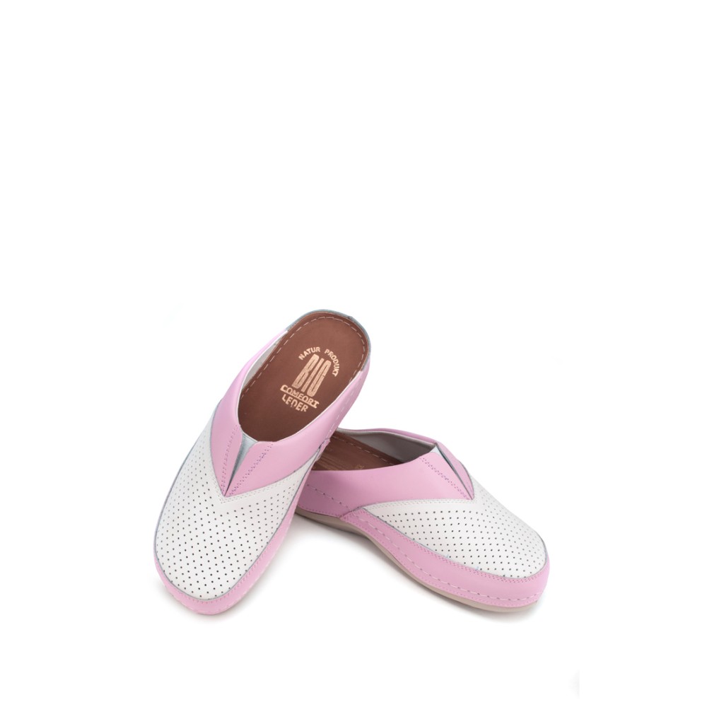 Сабо женские из натуральной кожи в бело-розовом цвете со стелькой из искусственного нубука