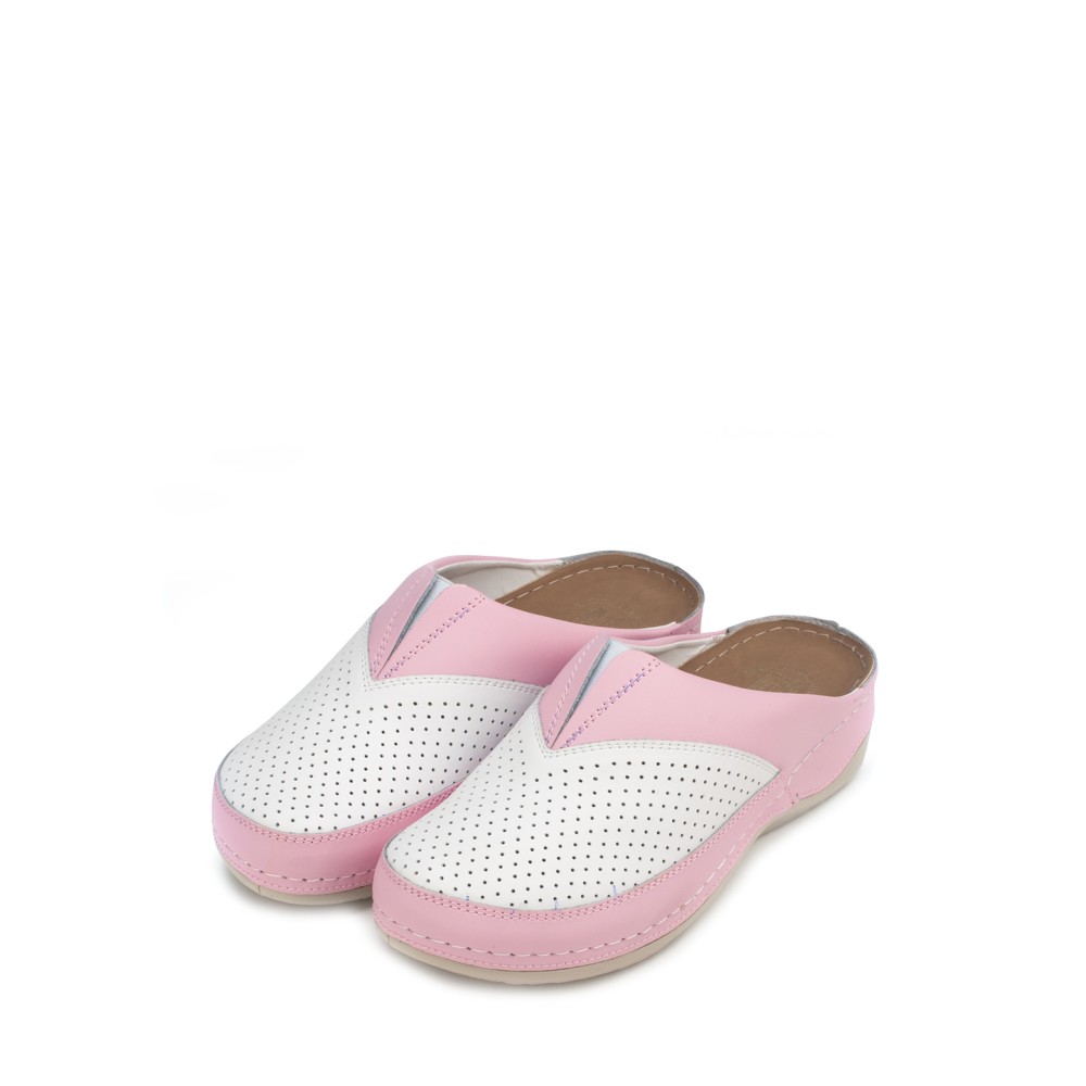 Сабо женские из натуральной кожи в бело-розовом цвете со стелькой из искусственного нубука