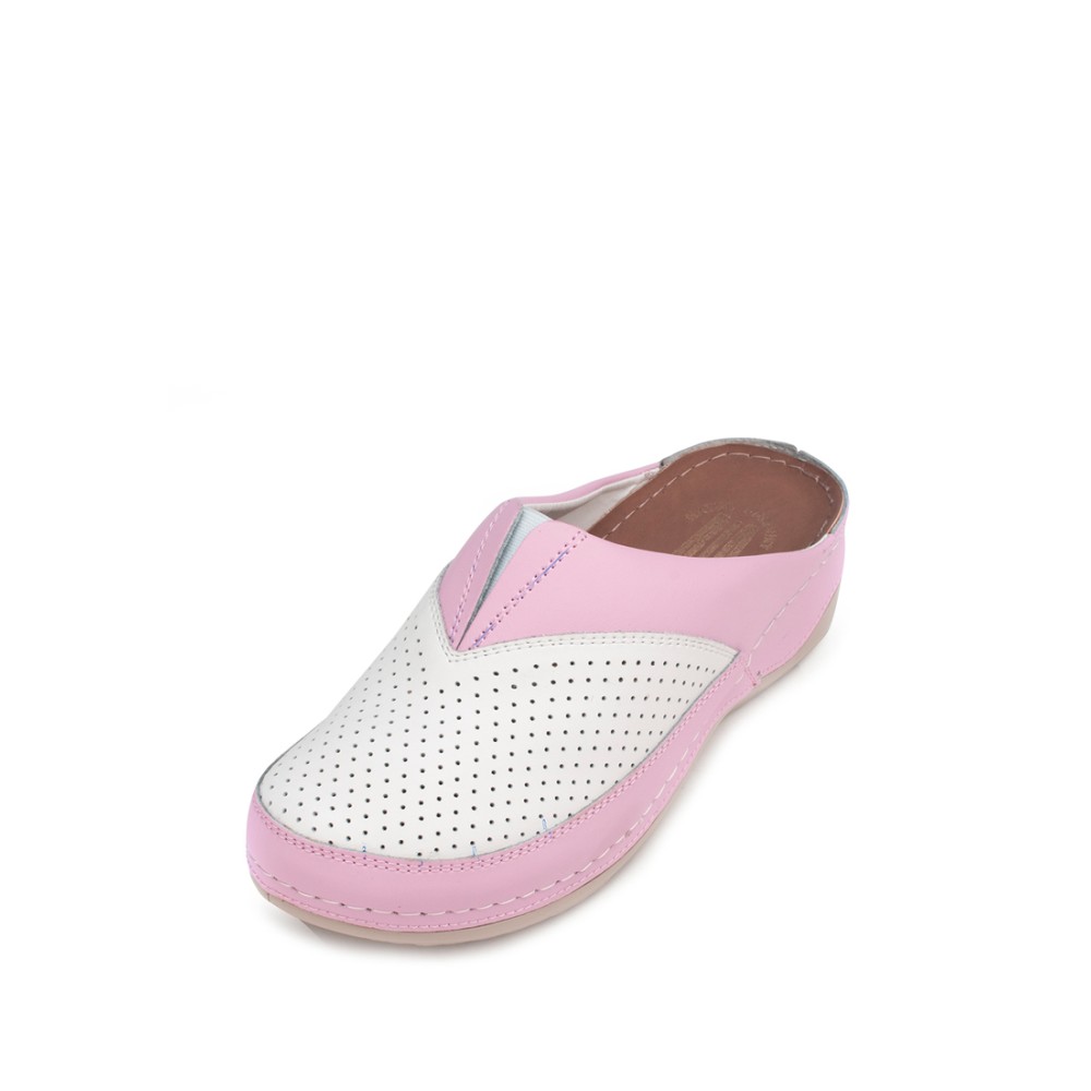 Сабо женские из натуральной кожи в бело-розовом цвете со стелькой из искусственного нубука