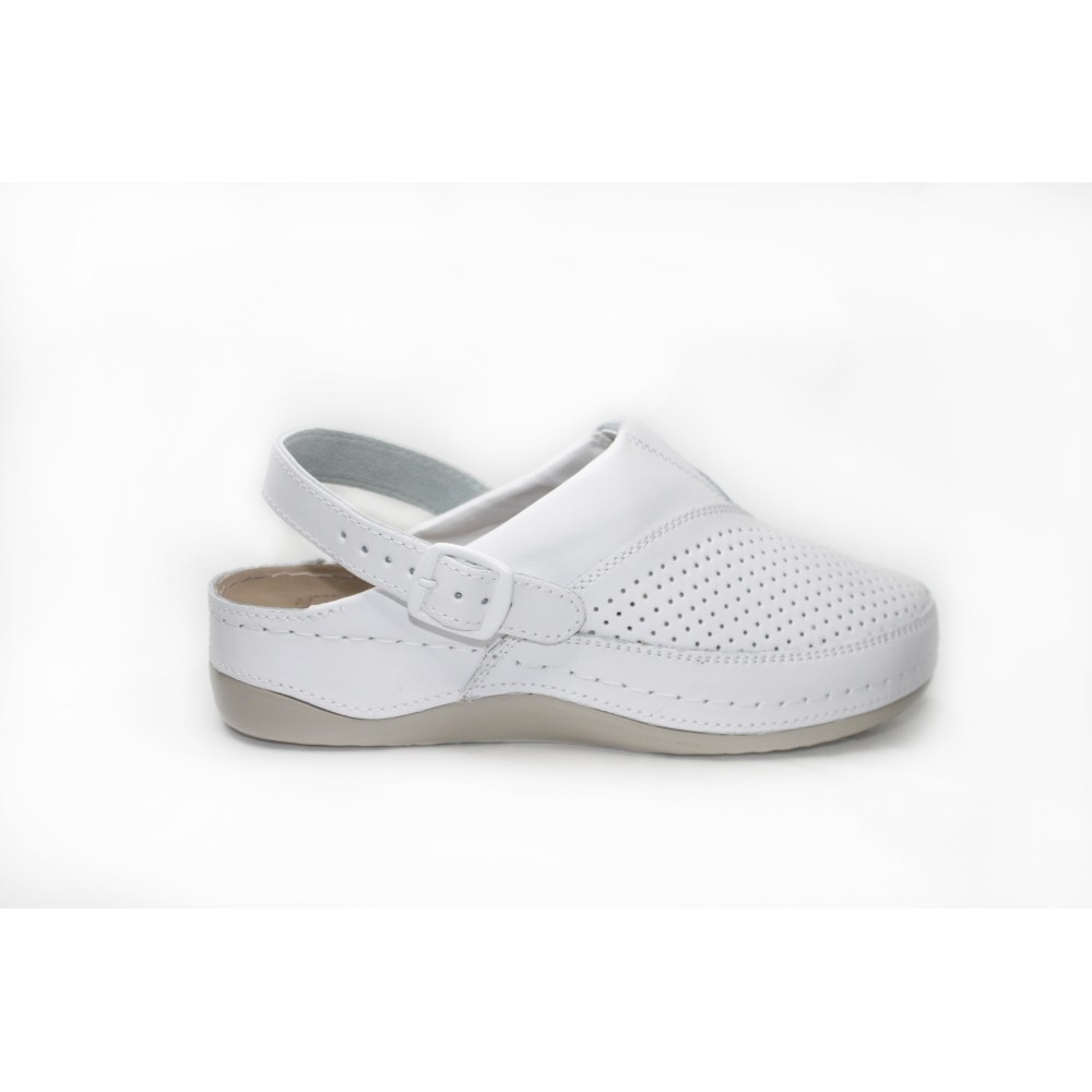 Сабо женские из натуральной кожи в белом цвете с ремешком и стелькой из нубука