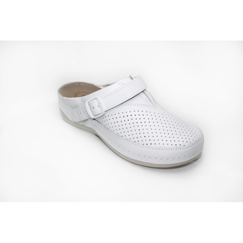 Сабо женские из натуральной кожи в белом цвете с ремешком и стелькой из нубука