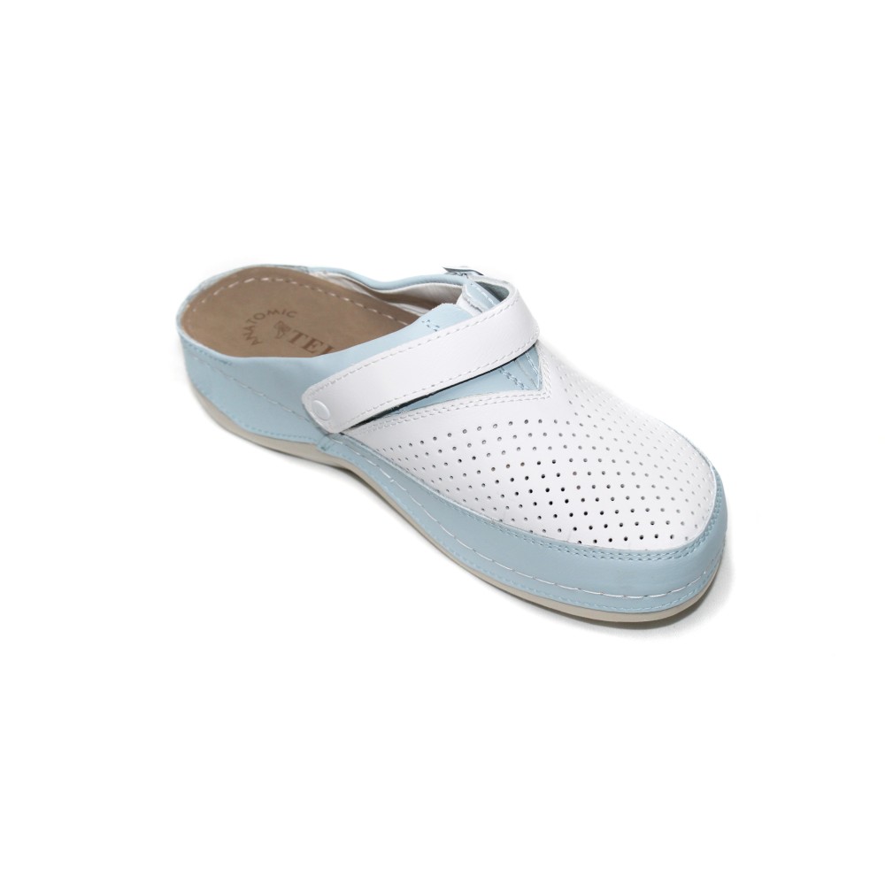 Сабо женские из натуральной кожи в бело-голубом цвете с ремешком и стелькой из нубука