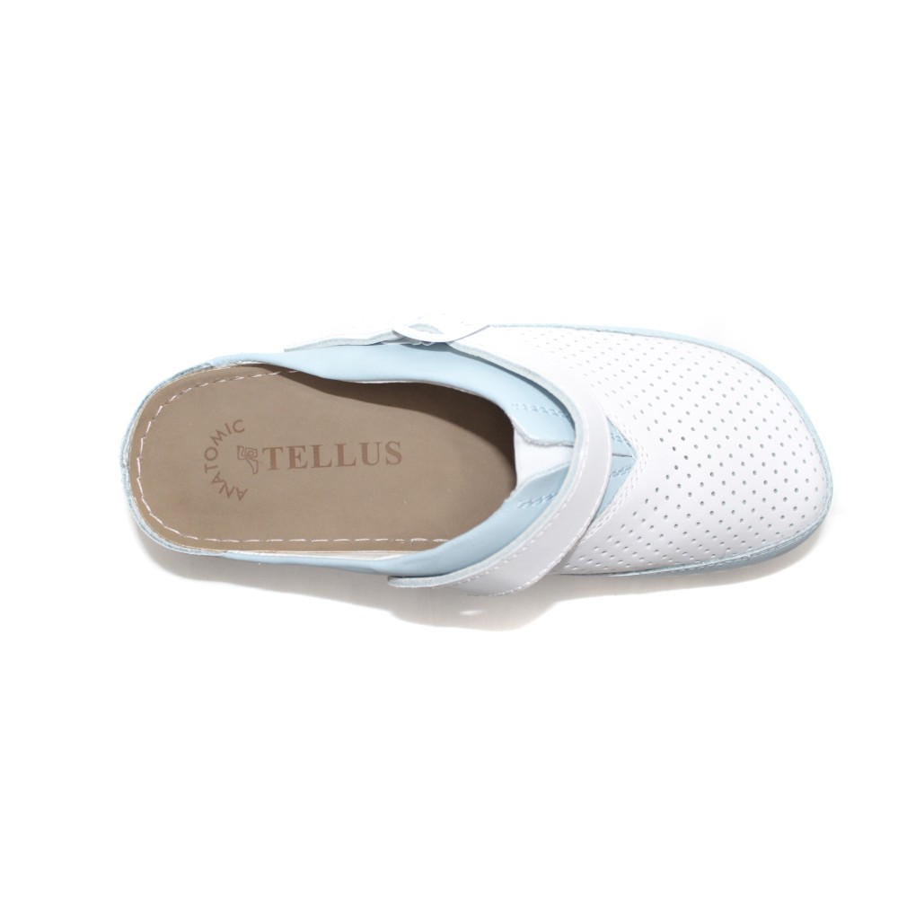 Сабо женские из натуральной кожи в бело-голубом цвете с ремешком и стелькой из нубука