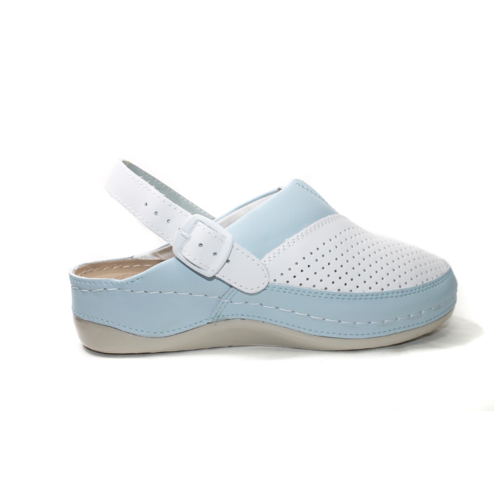Сабо женские из натуральной кожи в бело-голубом цвете с ремешком и стелькой из нубука