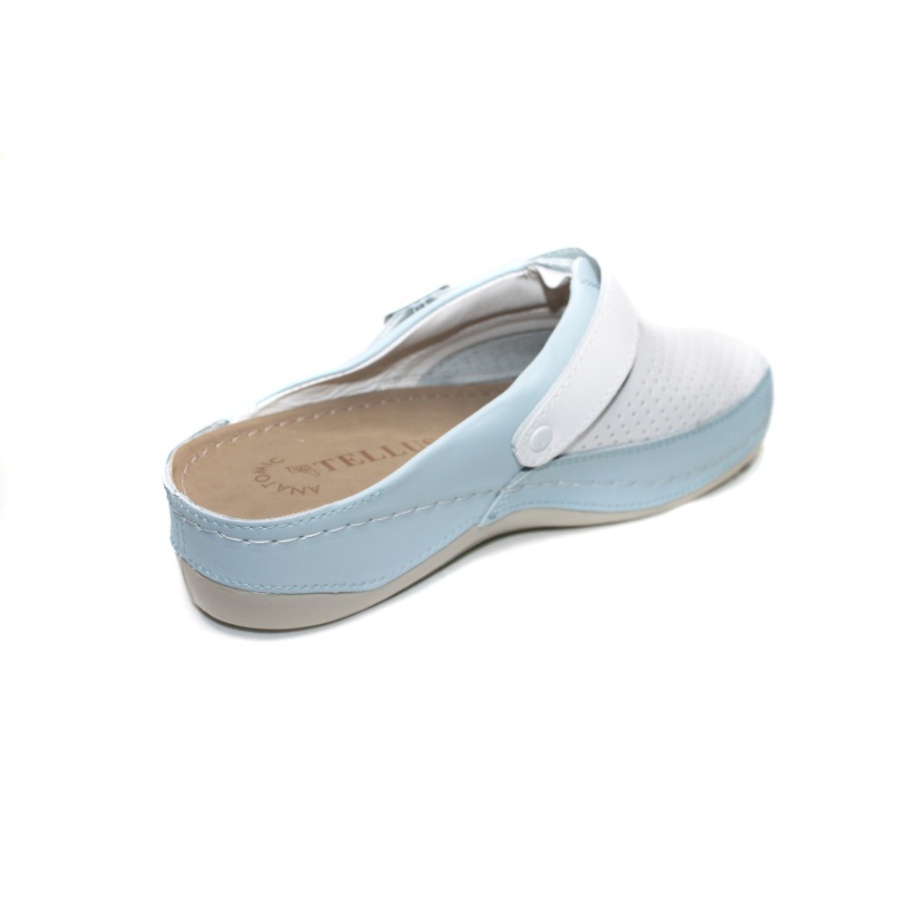 Сабо женские из натуральной кожи в бело-голубом цвете с ремешком и стелькой из нубука