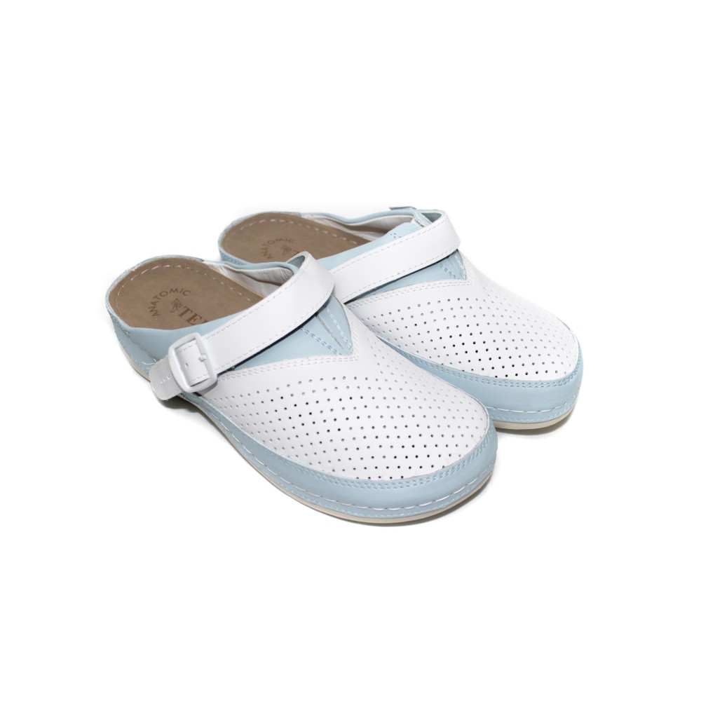 Сабо женские из натуральной кожи в бело-голубом цвете с ремешком и стелькой из нубука