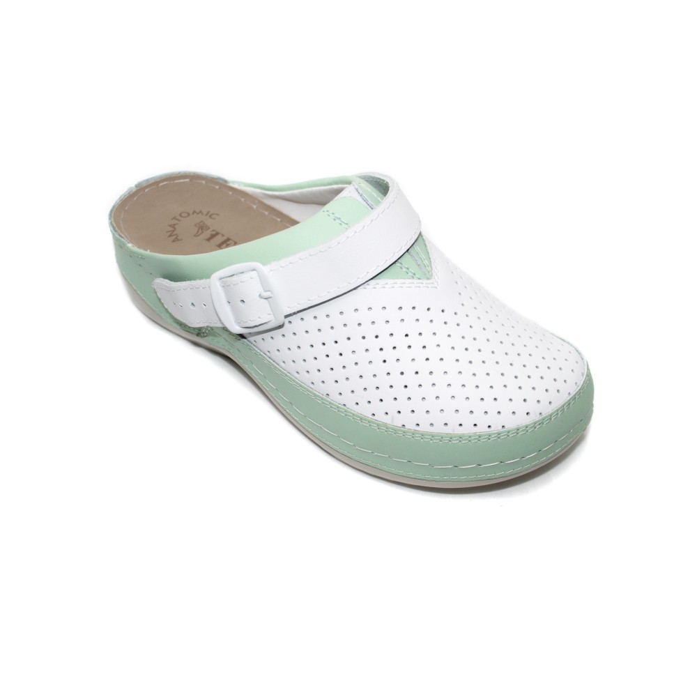 Сабо женские из натуральной кожи в бело-зелёном цвете с ремешком и стелькой из нубука