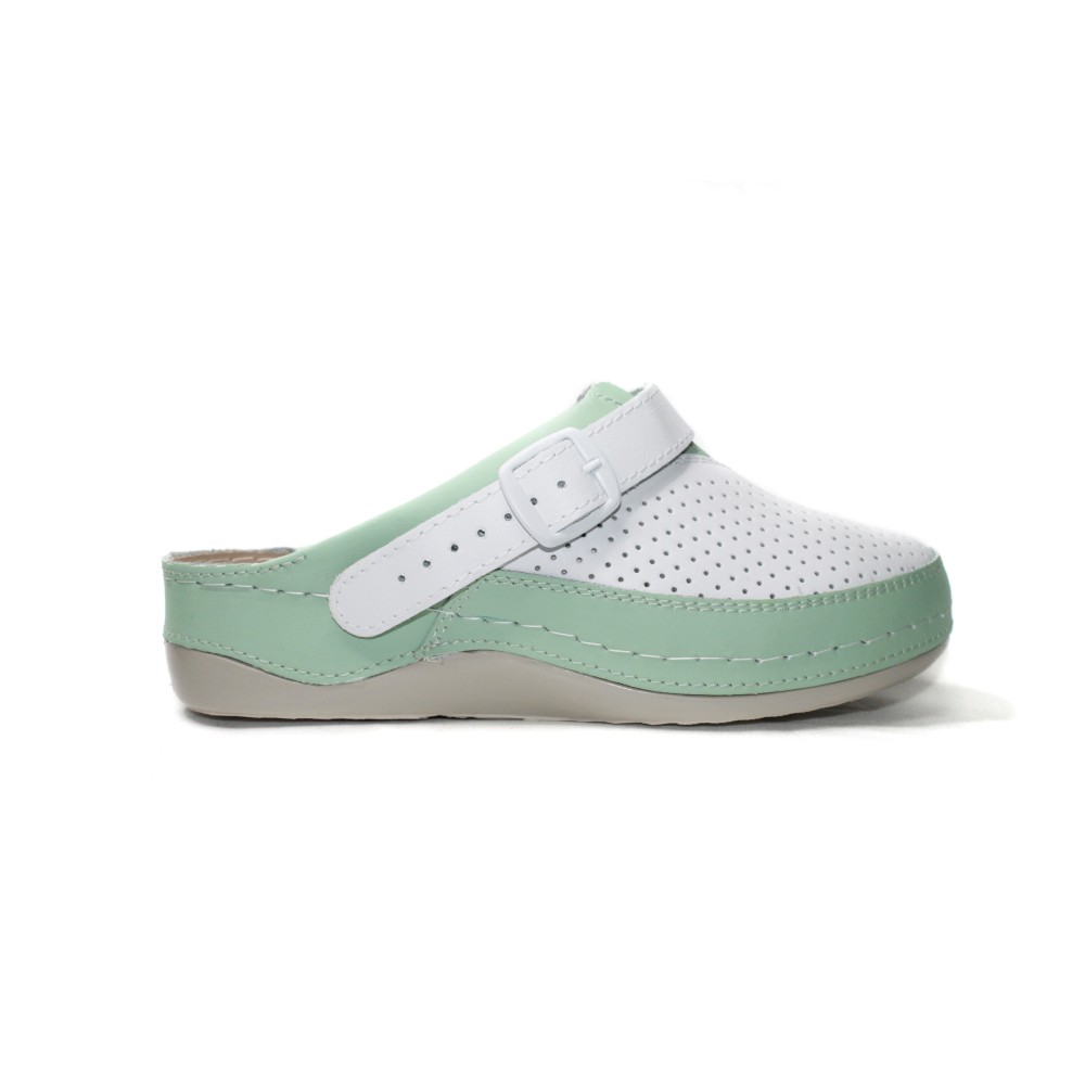 Сабо женские из натуральной кожи в бело-зелёном цвете с ремешком и стелькой из нубука