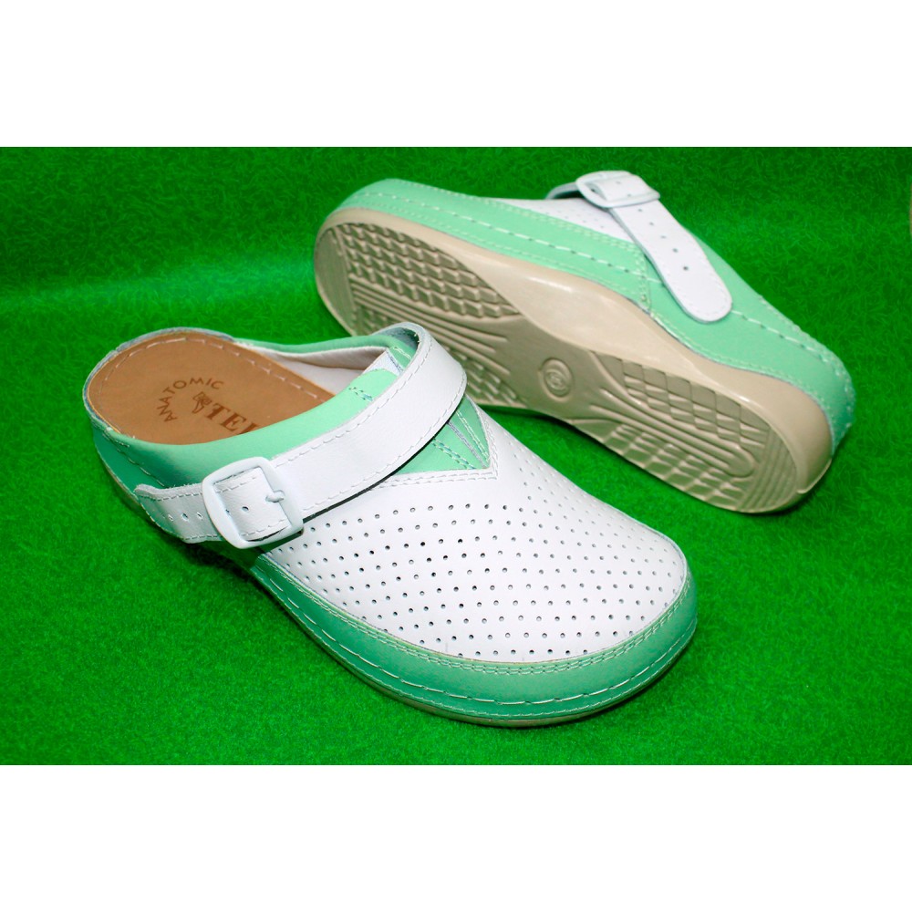 Сабо женские из натуральной кожи в бело-зелёном цвете с ремешком и стелькой из нубука