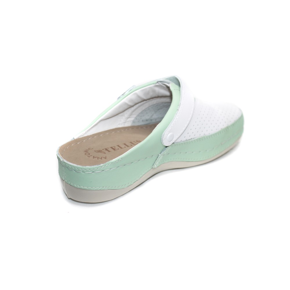 Сабо женские из натуральной кожи в бело-зелёном цвете с ремешком и стелькой из нубука