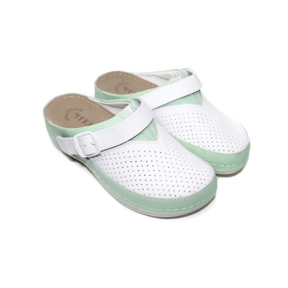 Сабо женские из натуральной кожи в бело-зелёном цвете с ремешком и стелькой из нубука