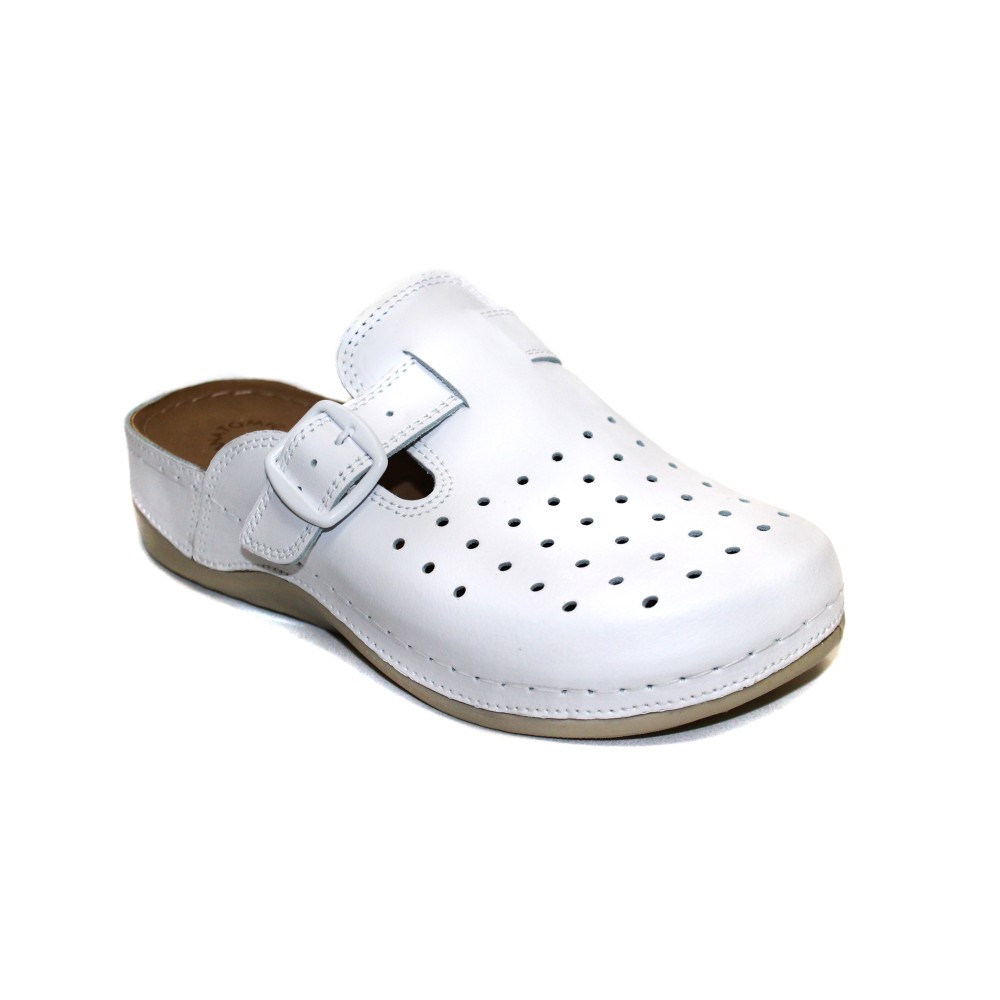 Сабо женские из натуральной кожи в белом цвете с крупной перфорацией