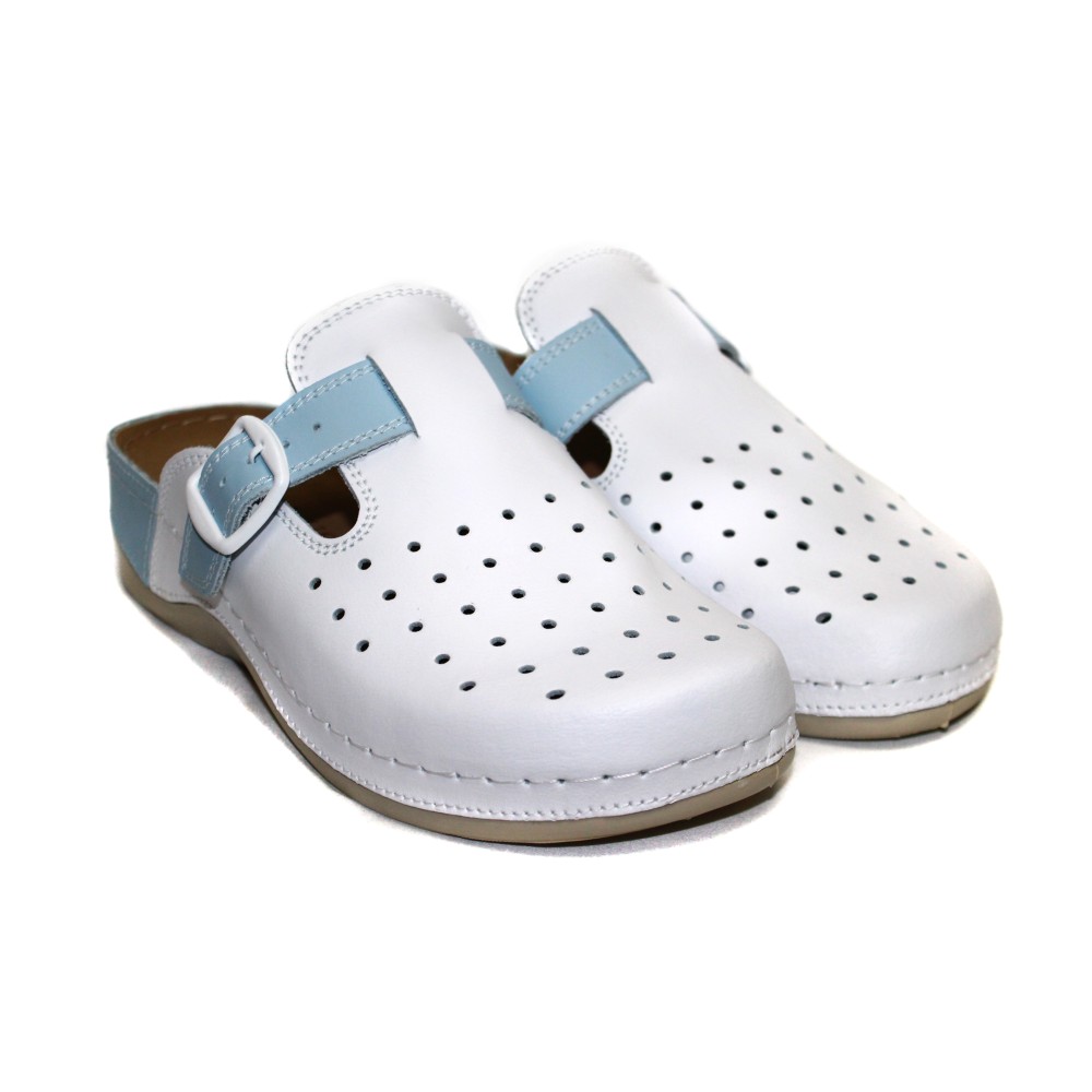Сабо женские из натуральной кожи в бело-голубом цвете с крупной перфорацией