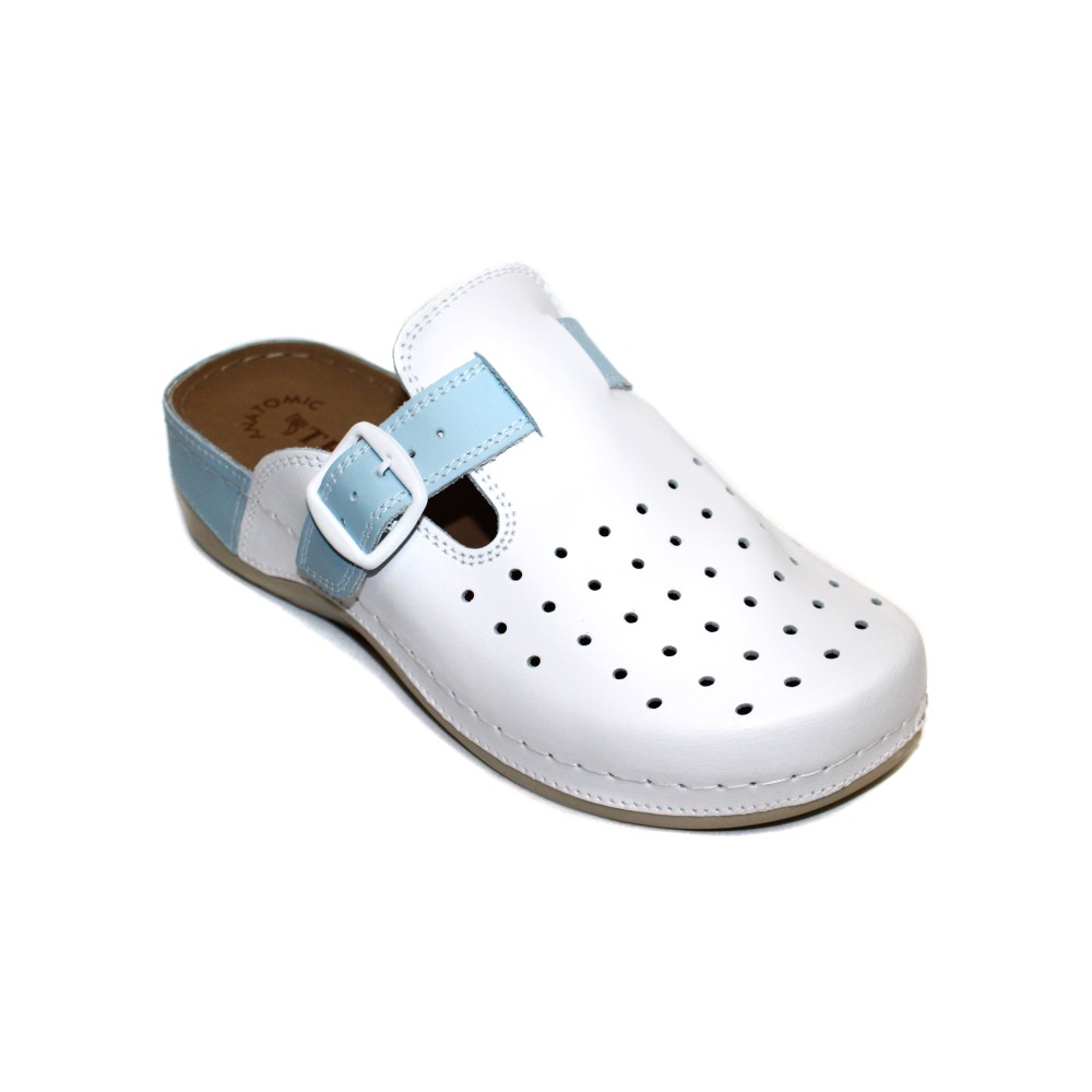 Сабо женские из натуральной кожи в бело-голубом цвете с крупной перфорацией