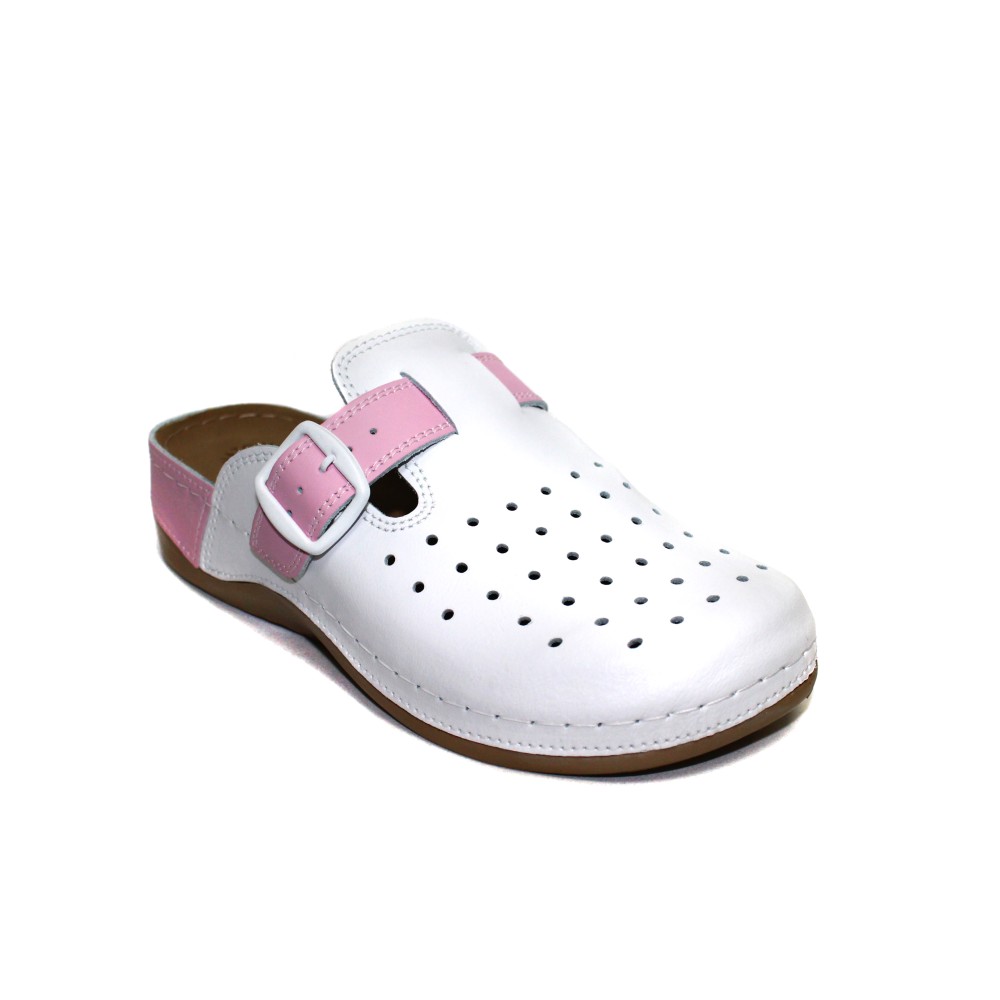 Сабо женские из натуральной кожи в бело-розовом цвете с крупной перфорацией