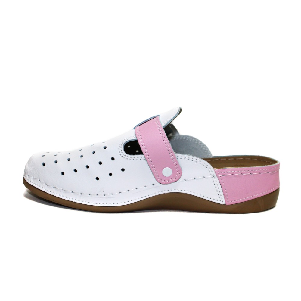 Сабо женские из натуральной кожи в бело-розовом цвете с крупной перфорацией