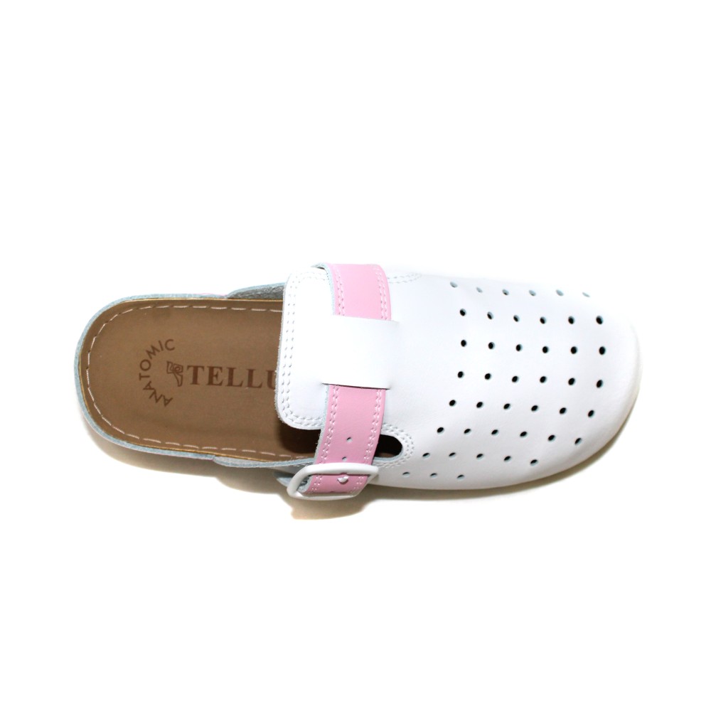 Сабо женские из натуральной кожи в бело-розовом цвете с крупной перфорацией