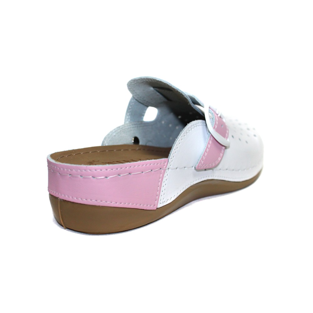 Сабо женские из натуральной кожи в бело-розовом цвете с крупной перфорацией