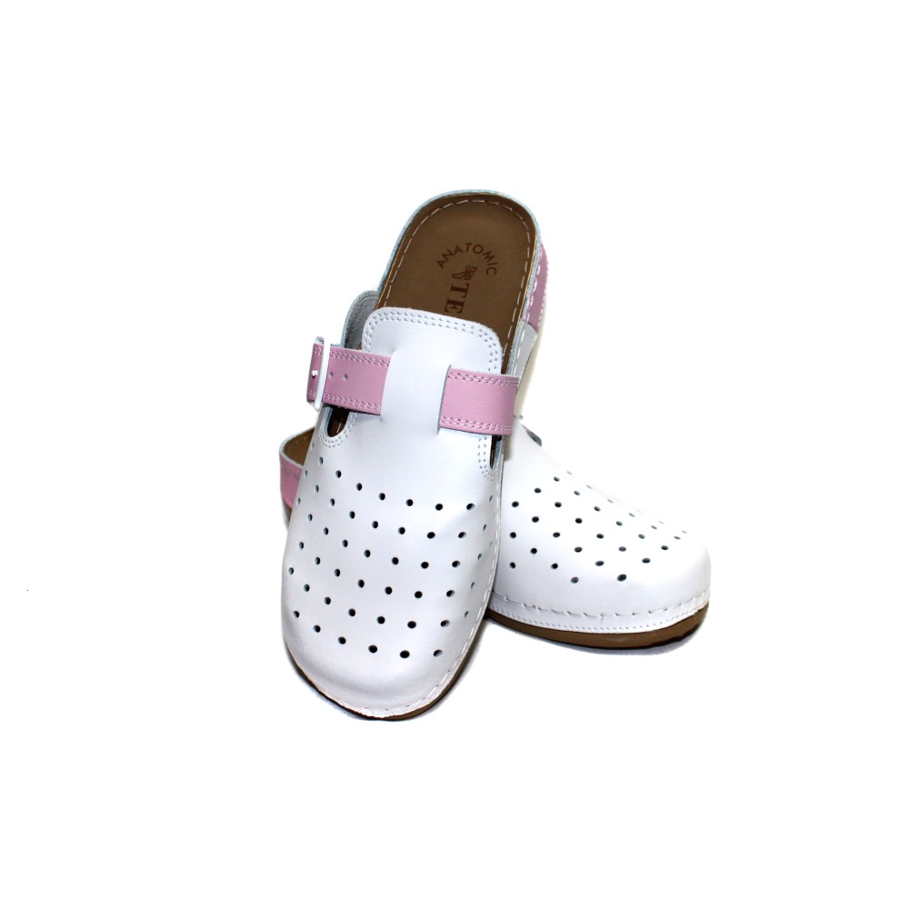 Сабо женские из натуральной кожи в бело-розовом цвете с крупной перфорацией