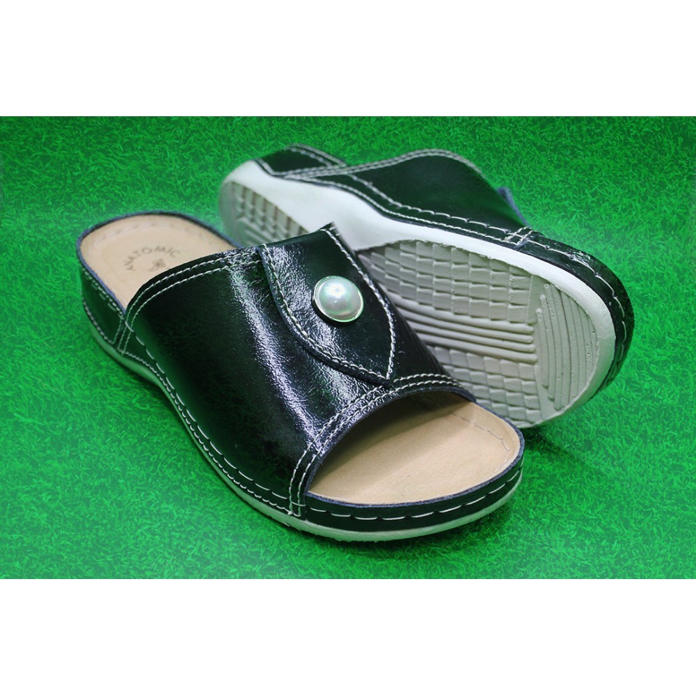 Сабо женские с декором из натуральной кожи с открытым носом и стелькой из иск. нубука цвет черный лак