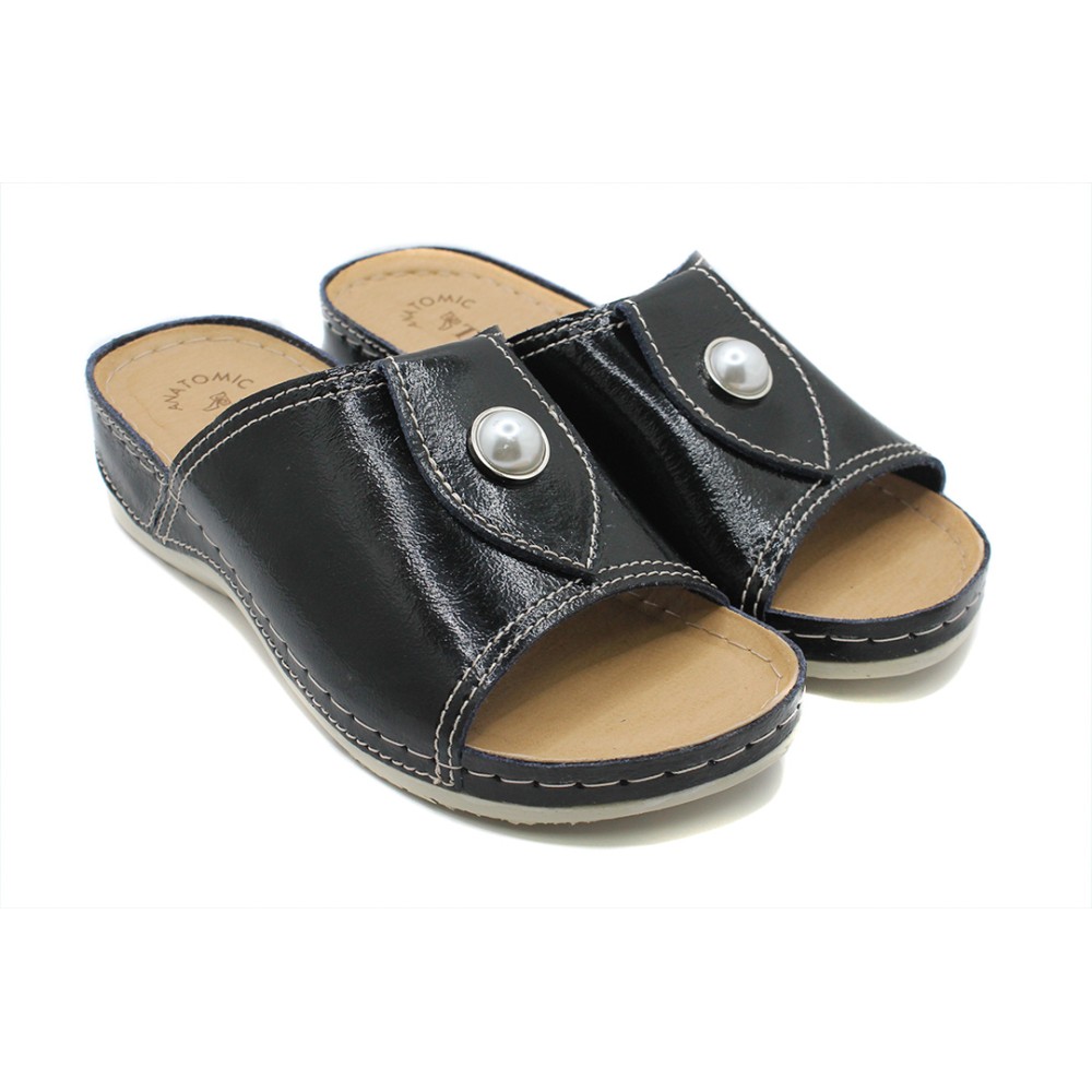 Сабо женские с декором из натуральной кожи с открытым носом и стелькой из иск. нубука цвет черный лак