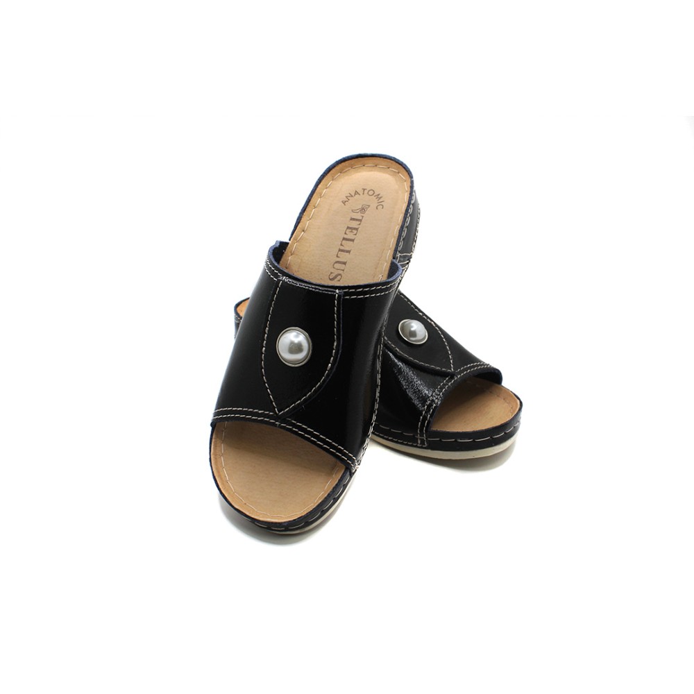 Сабо женские с декором из натуральной кожи с открытым носом и стелькой из иск. нубука цвет черный лак