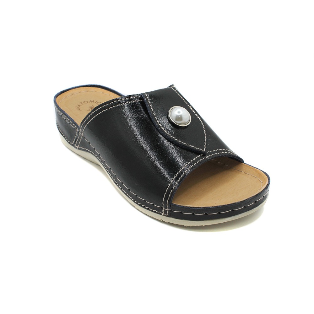 Сабо женские с декором из натуральной кожи с открытым носом и стелькой из иск. нубука цвет черный лак