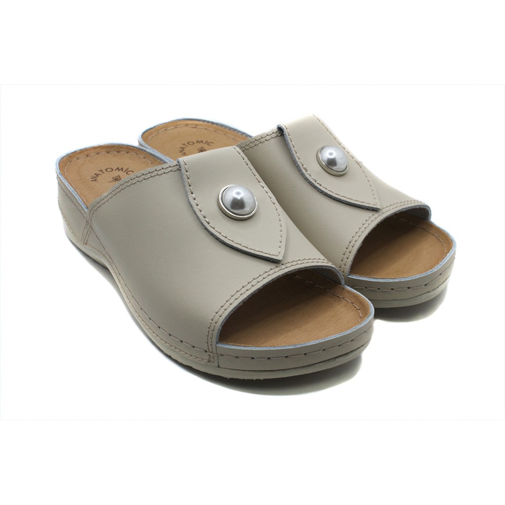 Сабо женские с декором из натуральной кожи с открытым носом и стелькой из иск. нубука цвет бежевый