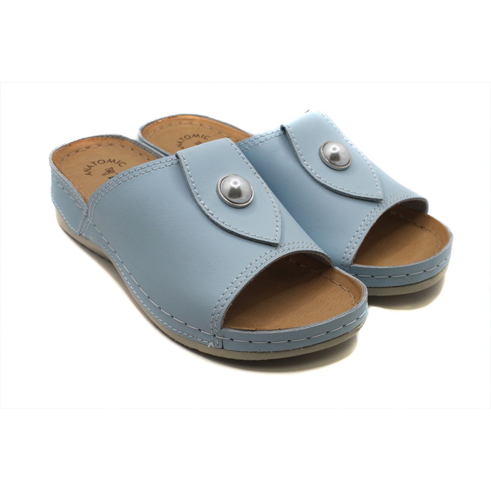 Сабо женские с декором из натуральной кожи с открытым носом и стелькой из иск. нубука цвет голубой