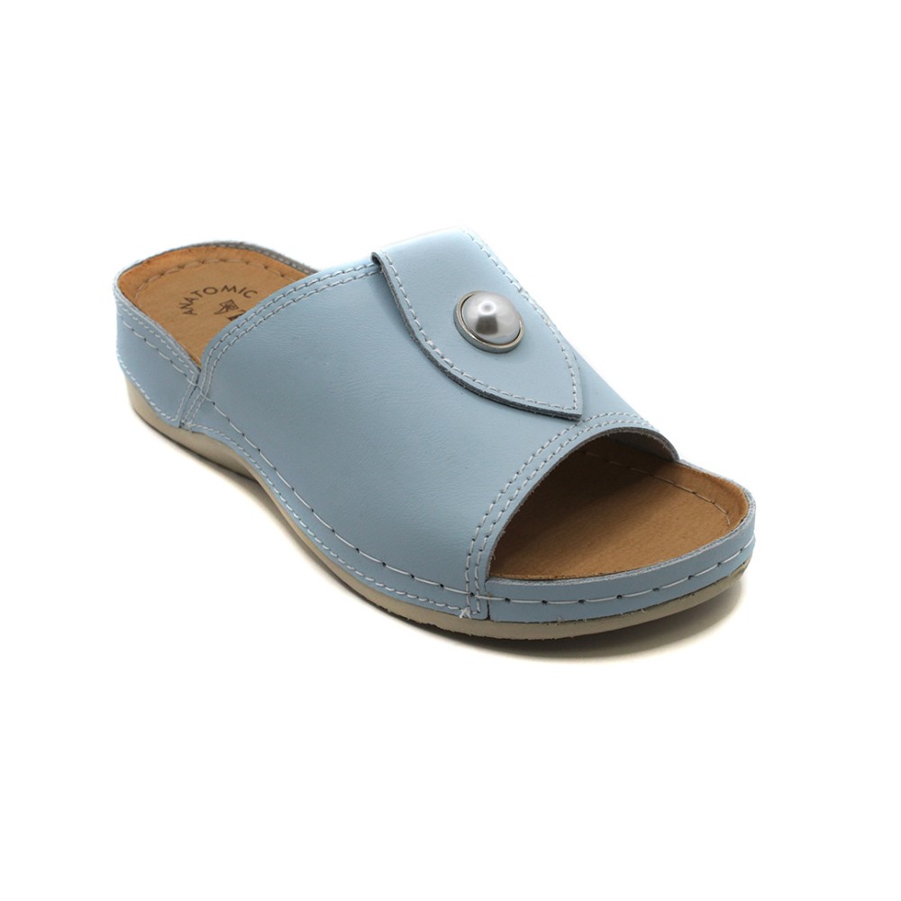 Сабо женские с декором из натуральной кожи с открытым носом и стелькой из иск. нубука цвет голубой