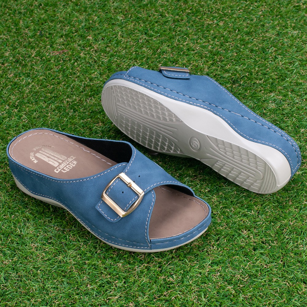 Сабо повседневные из искуссвенного нубука с открытым носом и ремешком цвет синий джинс